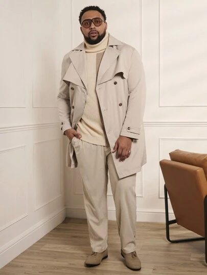 Manfinity VCAY Loose Woven Casual Trench Coat With Belt (Plus Size Men), For Fall Winter