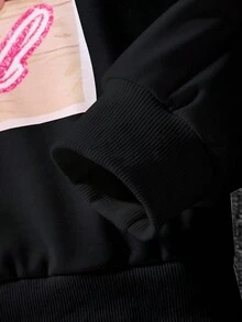 SHEIN 少女休闲可爱街头风卫衣，卡通人像印花 - 黑色 - 查看 6