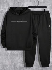 GENTILAND Herr Plus Storlek Bokstavstryck Hoodie Och Byxor Uppsättningar - Svart - Visa 2