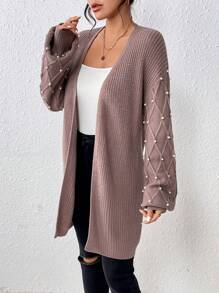 SHEIN Essnce Women's Pearl Studs Drop Shoulder Cardigan - Rust Brown - View 1