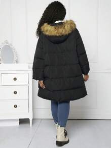 SHEIN CURVE+ Plus Slant Pockets Fuzzy Trim Hooded Padded Coat, For Winter Fall Autumn