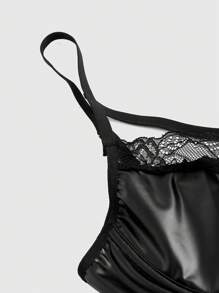 ROMWE Grunge Punk Women's Pu Leather Splice Lace Underwire Bra - Black - View 3