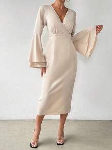 Chiquease Solid Color V-Neck Bell Sleeve Empire Waist Dress Fall Cloth For Women - Apricot - View 6