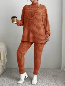 SHEIN Essnce Plus Size 3pcs Solid Color Ribbed Knitwear Set - Rust Brown - View 5