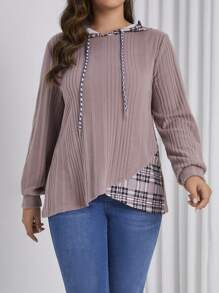 SHEIN LUNE Plus Size Women's Patchwork Plaid Sweatshirt - Dusty Pink - View 1