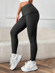 SHEIN EZwear 女裝毛絨針織長褲高腰褲 - 黑色 - 查看 3