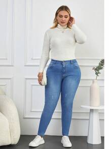 Cloudara Plus Size  High Waist Ripped Skinny Jeans - Blue - View 3