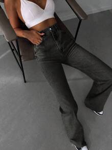 EURMUSE 100%Cotton Raw Hem Straight Leg Jeans - Dark Grey - View 5