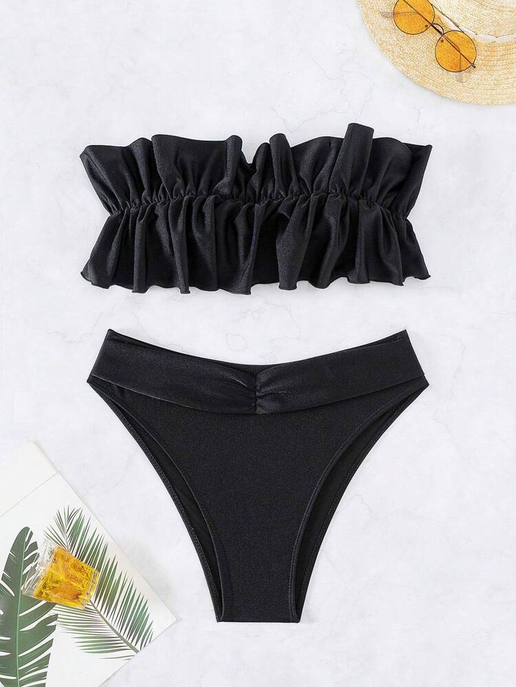 Summer Solid Color Pleated Ruffle Bandeau Bikini Set For Women