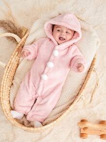 粉色毛球裝飾嬰兒女童連帽連體衣