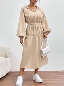 SHEIN Essnce Vestido De Mujer Con Capucha Y Mangas De Linterna Con Cordón Y Color Sólido - Caqui - Ver 6
