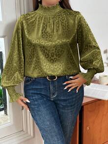 SHEIN Privé Plus Size Women's Leopard Jacquard Shirt - Army Green - View 4