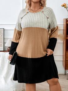 SHEIN LUNE Plus Size Women's Color Block Knitted Sweater Dress - Multicolor - View 1