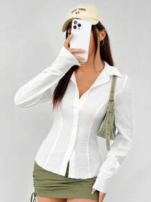 SHEIN EZwear White Woven Women's Shirt,Long Sleeve Tops
