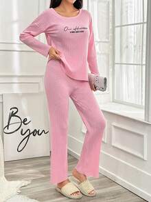 RueChic Women's Letter Printed Tank Top & Striped Drop Shoulder Home Outfit Set - Pink - View 3