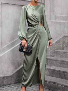 SHEIN Clasi Đầm Maxi Satin Tay Lửng Khoét Eo Có Đường Xẻ Cao Bên Hông Trang Phục Nữ - màu xanh lá - Xem 5