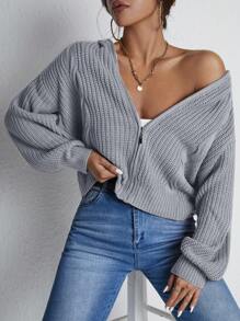 Cloudara Drop Shoulder Zip Up Hooded Cardigan - Light Grey - View 3