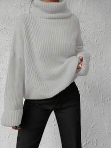 EURMUSE Solid Color Turtleneck Batwing Sleeve Sweater - Beige - View 5
