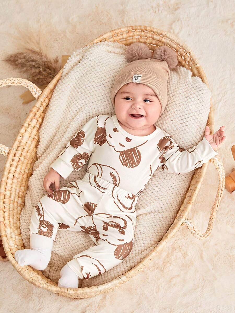 SHEIN Bộ 2 món đồ liền thân dài tay in hình gấu hoạt hình vui nhộn cho bé trai/bé gái mùa thu, chất liệu vải thoải mái, thích hợp mặc hàng ngày, lựa chọn của mẹ - Nhiều màu - Xem 1