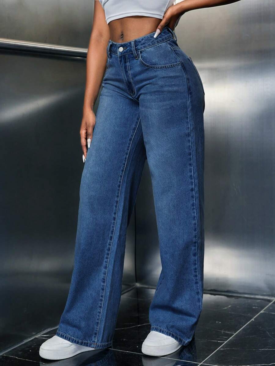 SHEIN Ladies' Wide Leg Denim Pants,Ladies Casual Button,Pocket,Zipper