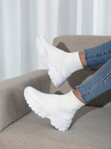 Women High Top Slip On Sports Shoes, Sporty White Sock Sneakers For Outdoor - White - View 3