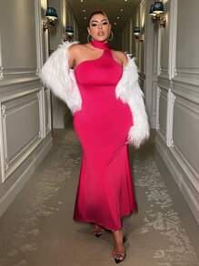 SHEIN SXY Women'S Plus Size Asymmetric Neckline Bodycon Pleated Dress - Hot Pink - View 5