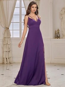 SHEIN Belle Vestido De Dama De Honor Para Adulto Con Cuello En V, Doble Correa Y Abertura Alta