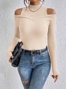 SHEIN BAE 女式長袖冷肩半高領毛衣 - 卡其色 - 查看 7