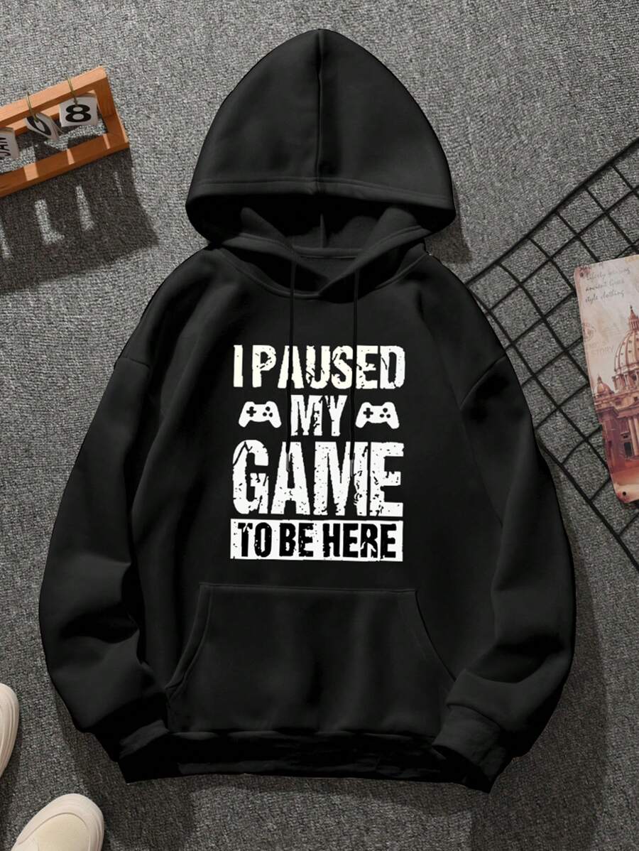 Men's Letter Printed Kangaroo Pocket Hoodie - Black - View 1