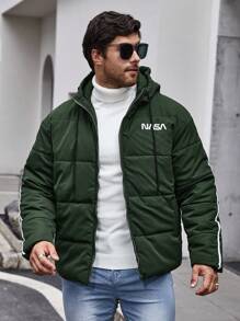 Manfinity Homme Abrigo Acolchado Con Capucha Suelto De Talla Grande Para Hombres Con Diseño De Letras Y Dobladillo Ajustable - Verde Oscuro - Ver 6