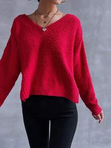 SHEIN LUNE Giải trí Màu thuần Cổ chữ V Thả vai Lỏng lẻo Áo len dệt kim - Đỏ - Xem 5