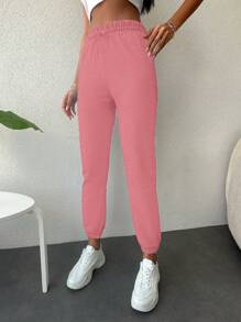 SHEIN Cottnline Women's Drawstring Waist Sports Pants - Pink - View 4