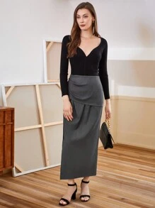 Anewsta Women'S Draped Pleats Slit Skirt - Grey - View 6