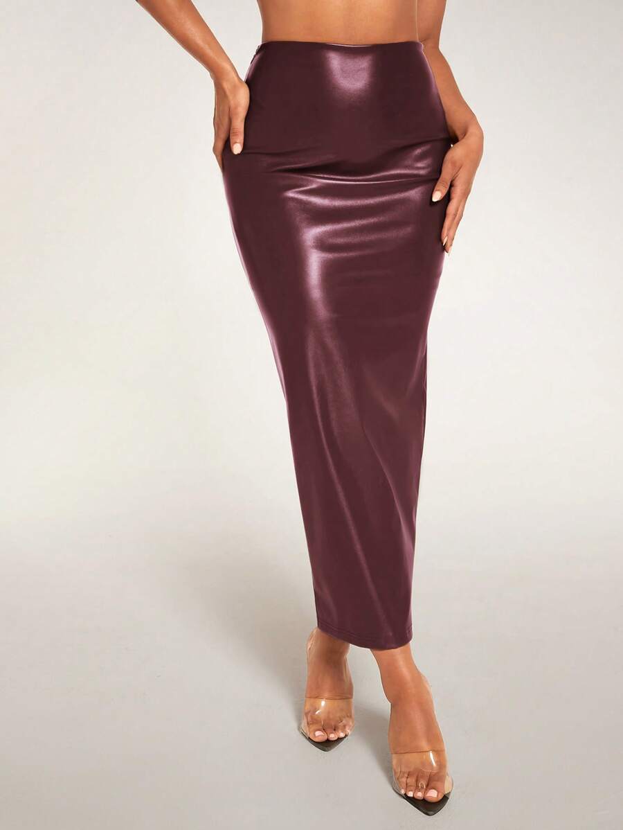 SHEIN BAE 女式pu後開叉裙 - 酒紅色 - 查看 1