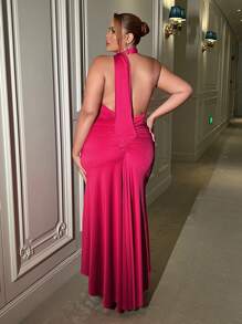 SHEIN SXY Women'S Plus Size Asymmetric Neckline Bodycon Pleated Dress - Hot Pink - View 2