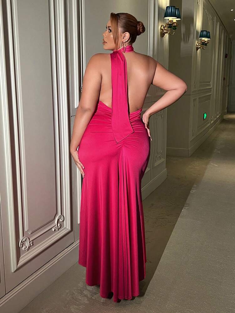Women'S Plus Size Asymmetric Neckline Bodycon Pleated Dress