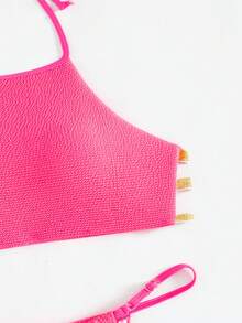 Của phụ nữ Màu thuần Hoa hồng Màu hồng Halter Neck Bộ Bikini Với Textured Chất vải Chi tiết , Cho mùa hè , bờ biển , Bơi lội - Màu Hồng Tươi - Xem 5