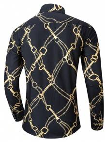 Camisa para hombre con estampado de cadena, holgada con botones de manga larga, gráfica y colorida, un regalo perfecto para el novio - Negro - Ver 2