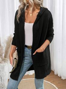 SHEIN LUNE 雙口袋連帽長外套 - 黑色 - 查看 3