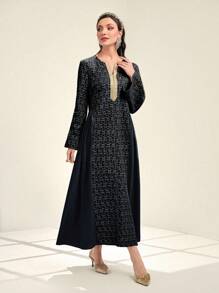 Al Najma 女式缺口领拼布织带提花连衣裙，端庄