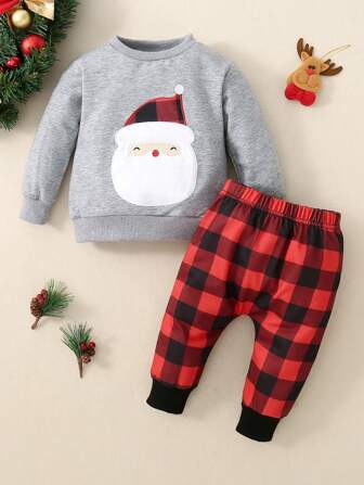 Infant & Toddler Santa Claus Embroidered Long Sleeve Outfit For Christmas