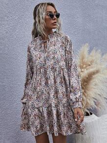 SHEIN LUNE Shirred Tie Neck Ruffle Hem Ditsy Floral Dress - Multicolor - View 6