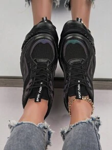Women's Outdoor Casual Chunky Sneakers With Thick Sole, Chunky Shoes Style, Black