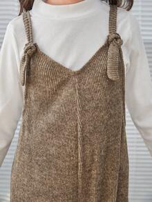 SHEIN Tween Girls Retro Style Loose Fit Suspender Jumpsuit - Khaki - View 5