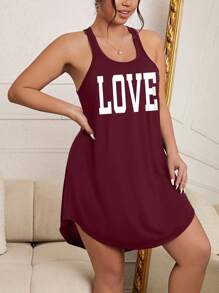Plus Size Sleeveless Text Pattern Casual Home Pajama Dress - Burgundy - View 5