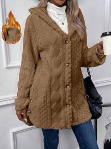SHEIN LUNE Solid Button Front Hooded Teddy Coat - Brown - View 1