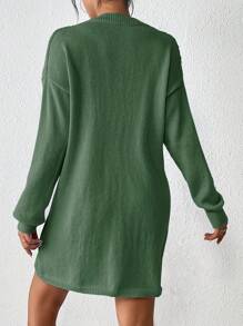 SHEIN LUNE V領休閒毛衣連衣裙,下垂肩袖設計 - 綠色 - 查看 2