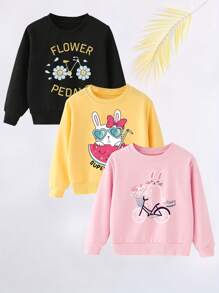 SHEIN 少女3入組簡單休閒卡通印花運動衫套裝,秋冬適用 - 彩色 - 查看 1