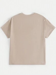 SHEIN EZwear 夏季大码蝴蝶和字母图案落肩 T 恤 - 卡其色 - 查看 2