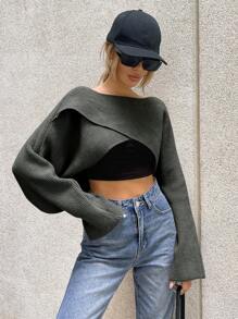 SHEIN Essnce Women's Batwing Sleeve Wrap Front Crop Sweater - Grey - View 1